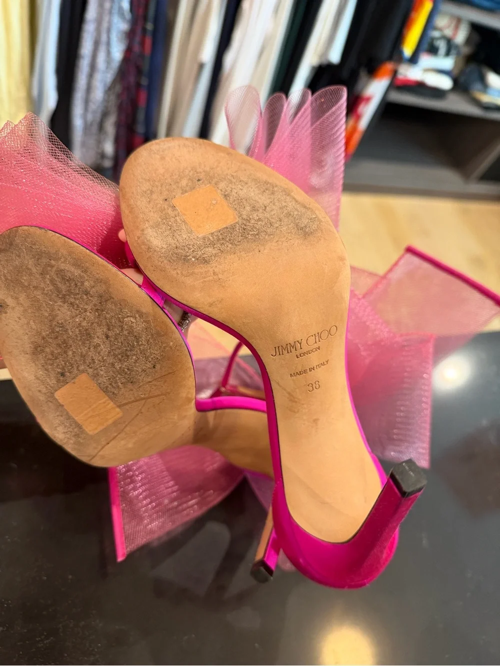 Jimmy Choo Hot Pink Tulle Bow Ankle-Strap Heels